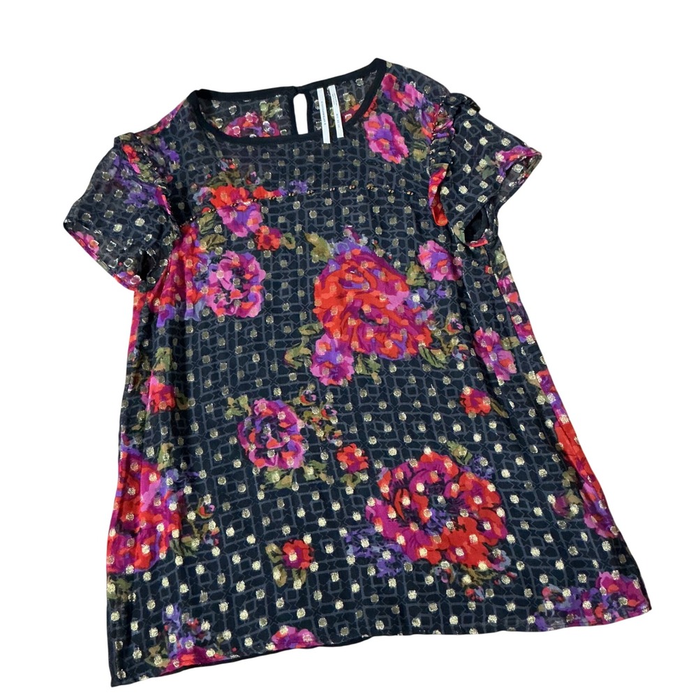 Anthropologie Floral Metallic Foil Dot Blouse Women 0 Black Pink Gold Ruffle Top
